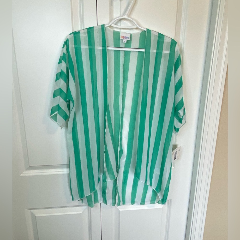 NWT LuLaRoe Bianka kids’ kimono coverup, sea green white stripe